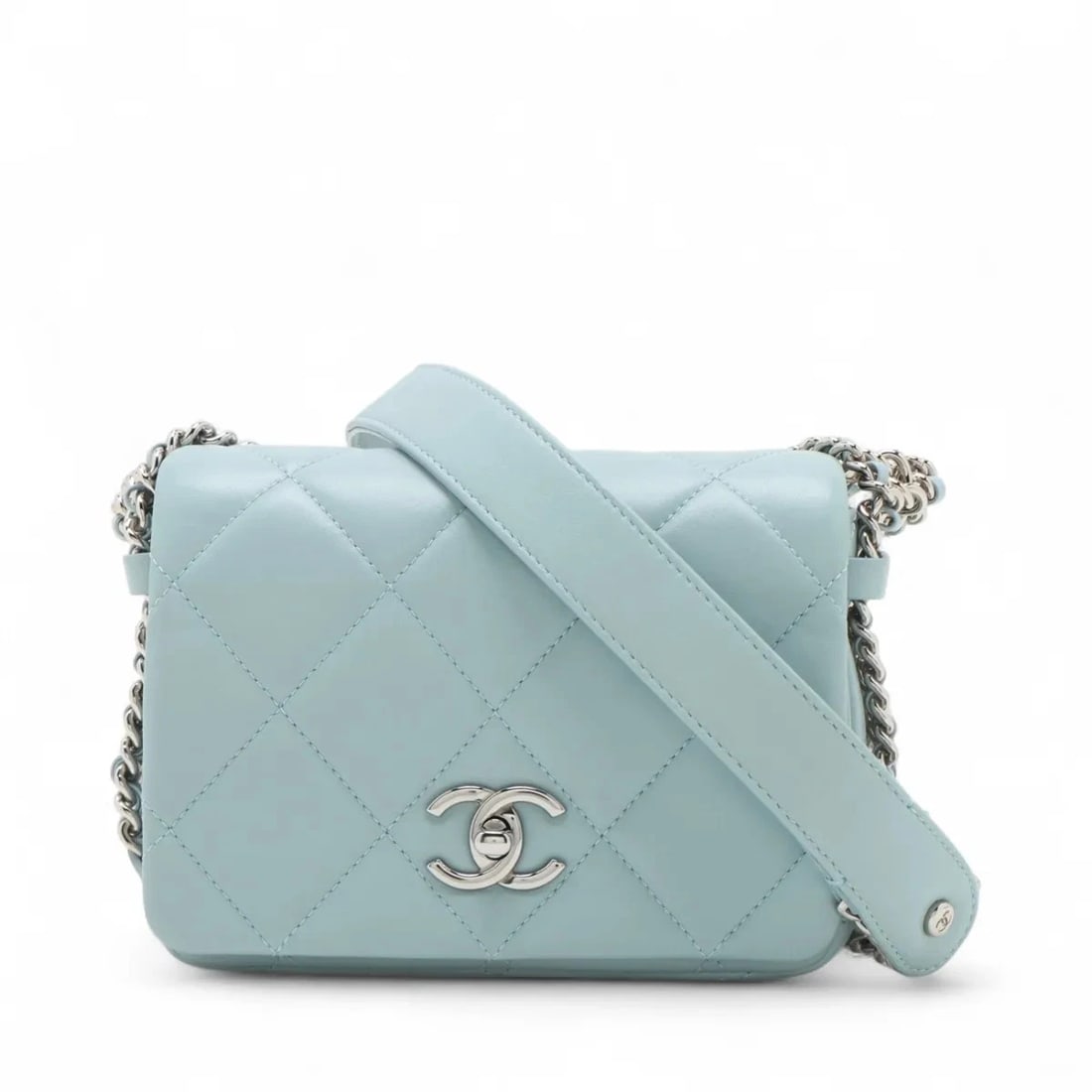 CHANEL MATELASSE LAMBSKIN CHAIN SHOULDER BAG: Chanel Matelasse Lambskin Chain Shoulder Bag Brand: Chanel Type/Style: Shoulder Bag Material: Lambskin Color: Blue Size: Height:5.1inchLength:6.7inchDepth:2.4inch Accessories: None Accessories