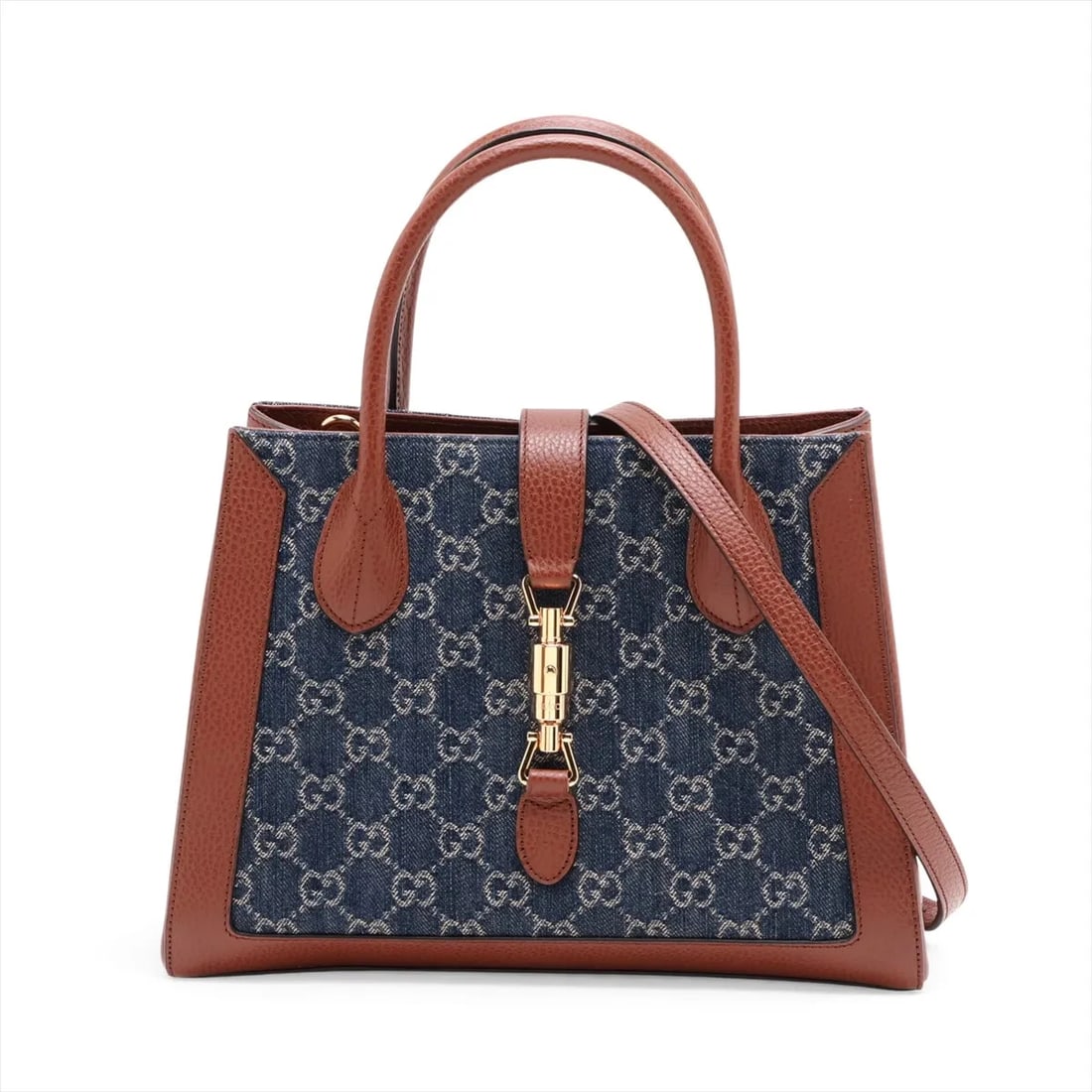 GUCCI GG DENIM JACKIE 1961 DENIM & LEATHER 2 WAY HANDBAG: Gucci GG Denim Jackie 1961 Denim & leather 2 Way Handbag Brand: Gucci Type/Style: Top Handle Bag Material: Denim & leather Color: blue x brown Size: Height:8.7inchLength:11.8inchDepth:4.3inch