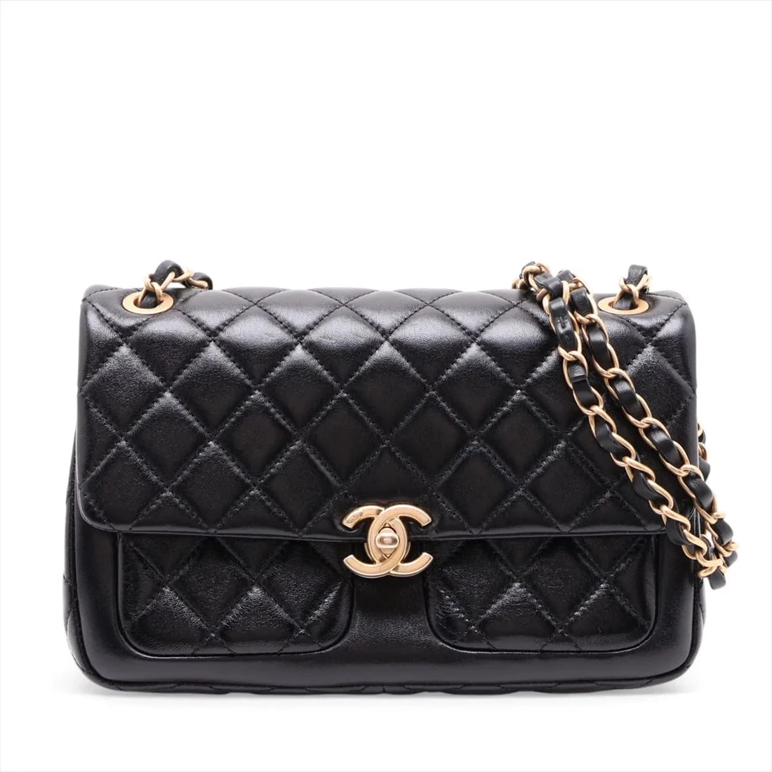 CHANEL MATELASSE LAMBSKIN SINGLE FLAP DOUBLE CHAIN BAG: Chanel Matelasse Lambskin Single Flap Double Chain Bag Brand: Chanel Type/Style: Shoulder Bag Material: Lambskin Color: Black Size: Height:5.9inchLength:9.1inchDepth:2.0inch Accessories: None