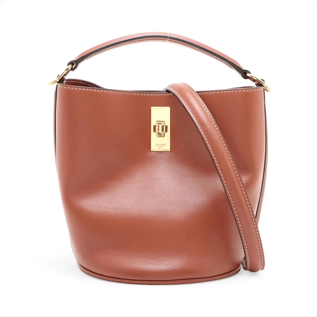 CELINE TEEN BUCKET 16 LEATHER 2 WAY HANDBAG BROWN: Celine teen Bucket 16 Leather 2 Way Handbag Brown Brand: Celine Type/Style: Top Handle Bag Material: Leather Color: Brown Size: Height:7.1inchLength:6.3inchDepth:6.5inch Accessories: None