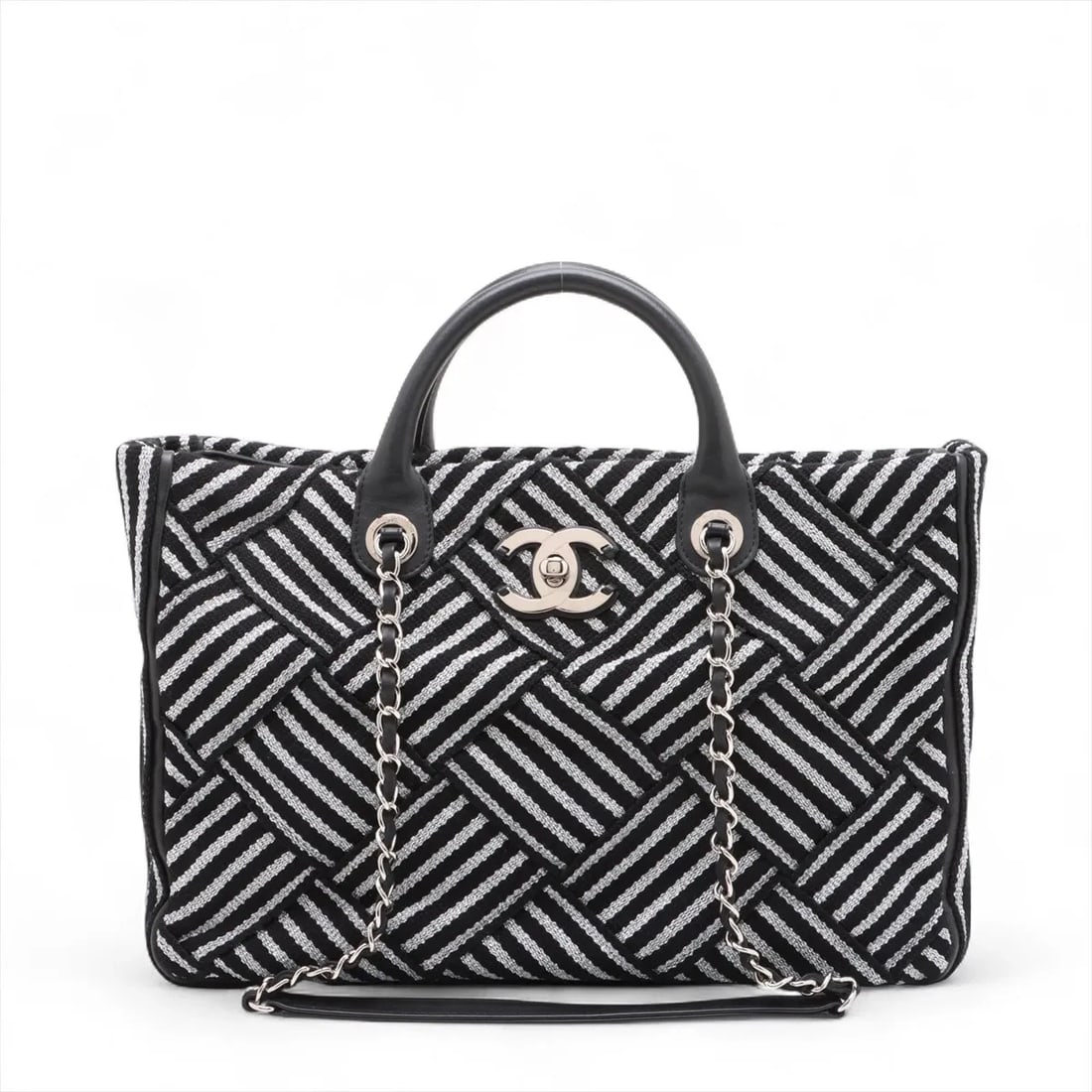 CHANEL COCO MARK CANVAS 2 WAY TOTE BAG: Chanel Coco Mark canvas 2 Way Tote Bag Brand: Chanel Type/Style: Tote Material: canvas Color: Black ? Silver Size: Height:9.3inchLength:13.2inchDepth:3.9inch Accessories: None Accessories
