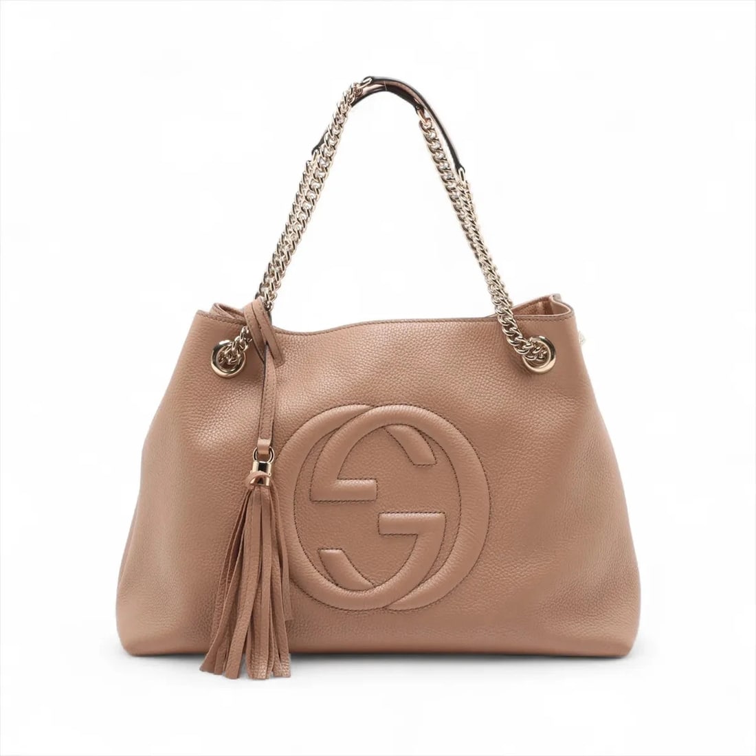 GUCCI SOHO LEATHER CHAIN TOTE BAG: Gucci Soho Leather Chain Tote Bag Brand: Gucci Type/Style: Tote Material: Leather Color: Beige poodle Size: Height:10.6inchLength:14.6inchDepth:5.5inch Accessories: None Accessories Notice