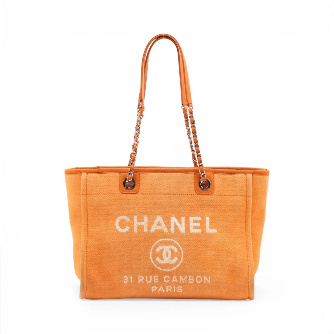 CHANEL DEAUVILLE MM CANVAS & LEATHER CHAIN TOTE BAG: Chanel Deauville MM Canvas & Leather Chain Tote Bag Brand: Chanel Type/Style: Tote Material: Canvas & Leather Color: Orange Size: Height:10.2inchLength:13.6inchDepth:6.5inch Accessories: None