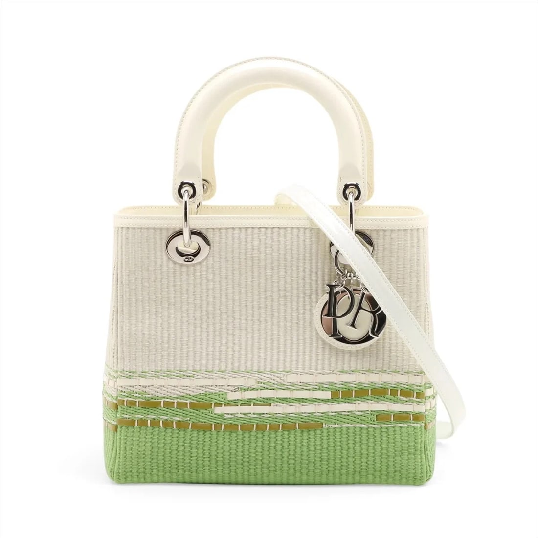 CHRISTIAN DIOR LADY DIOR RAFFIA X PATENT LEATHER 2 WAY HANDBAG: Christian Dior Lady Dior Raffia x patent leather 2 Way Handbag Brand: Christian Dior Type/Style: Top Handle Bag Material: Raffia x patent leather Color: White x green Size: Height:8.1inchLength:9.3inc