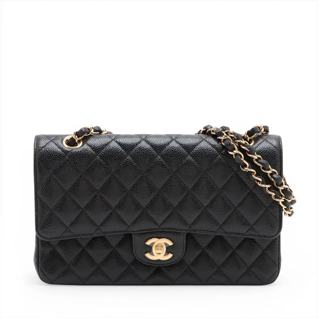 CHANEL MATELASSE DOUBLE CHAIN BAG: Chanel Matelasse Double Chain Bag Brand: Chanel Type/Style: Shoulder Bag Material: Caviar Skin Color: Black Size: Height:6.1inchLength:9.8inchDepth:2.4inch Accessories: None Accessories No