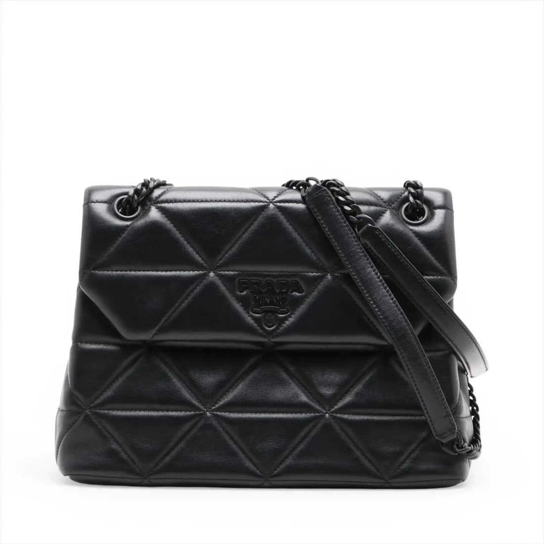 PRADA NAPPA SHOULDER BAG: Prada nappa Shoulder Bag Brand: Prada Type/Style: Shoulder Bag Material: Leather Color: Black Size: Height:7.7inchLength:10.4inchDepth:3.9inch Accessories: None Accessories Notice: When purchasing