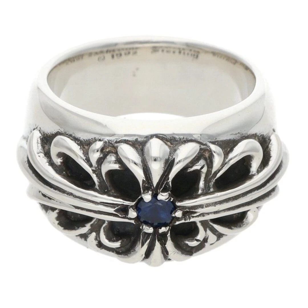 CHROME HEARTS FLORAL CROSS SAPPHIRE SILVER RING: Chrome Hearts Floral Cross Sapphire Silver Ring Brand: Chrome Hearts Type/Style: Ring Material: 925 Silver Color: silver Size: US Size 14 Accessories: None Accessories Notice: When purchasing
