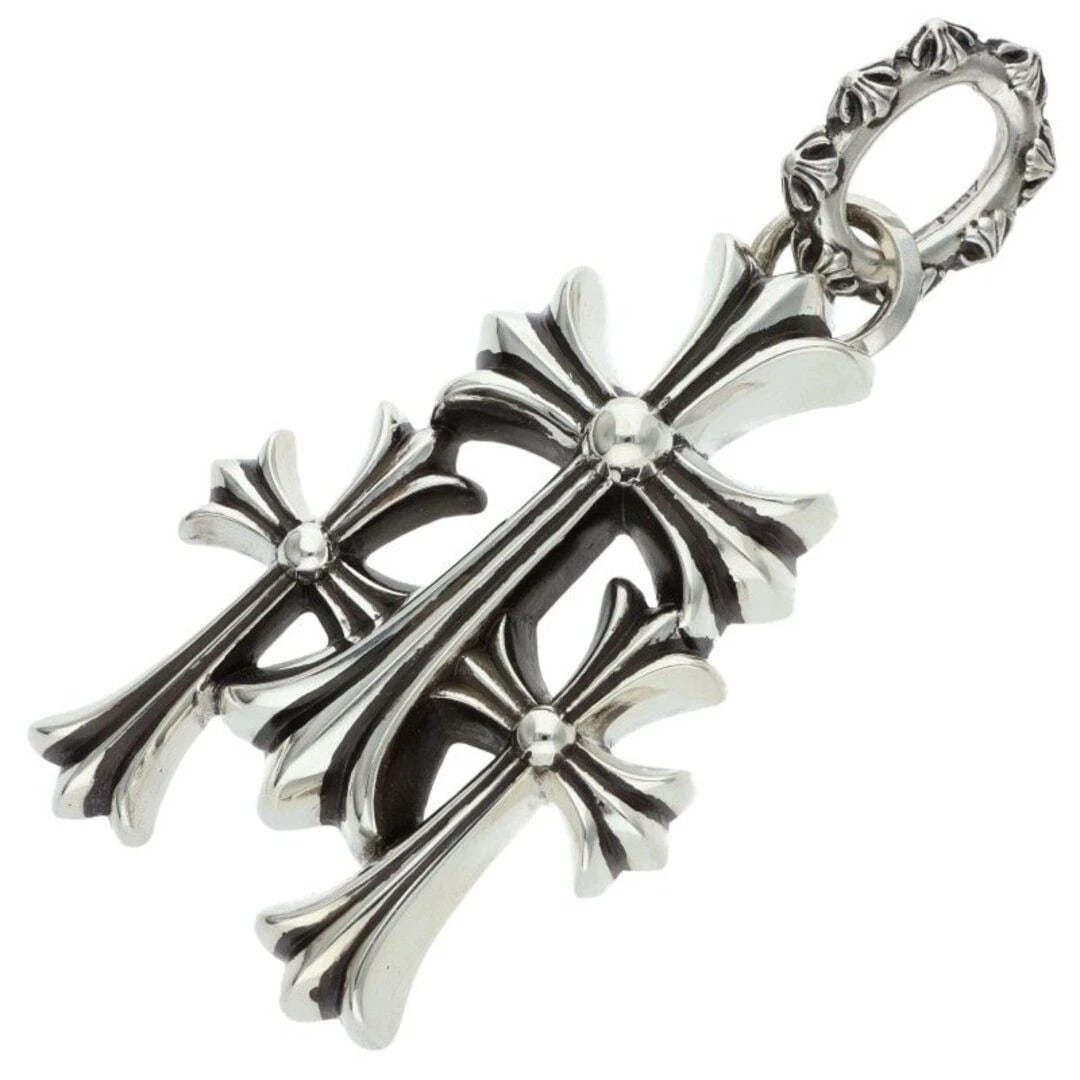 CHROME HEARTS TRIPLE CROSS LARGE SILVER NECKLACE TOP: Chrome Hearts Triple Cross Large Silver Necklace Top Brand: Chrome Hearts Type/Style: Necklace Material: 925 Silver Color: silver Size: Width 5.3cm, 11.1cm tall Accessories: None Accessories Notice:
