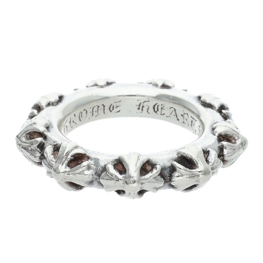 CHROME HEARTS CROSS BAND SILVER RING: Chrome Hearts Cross Band Silver Ring Brand: Chrome Hearts Type/Style: Ring Material: 925 Silver Color: silver Size: 7.5 US Accessories: None Accessories Notice: When purchasing pre-owned goods,