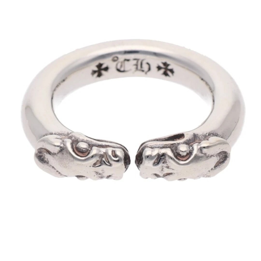 CHROME HEARTS DOUBLE DOG RING SILVER: Chrome Hearts Double Dog Ring Silver Brand: Chrome Hearts Type/Style: Ring Material: 925 Silver Color: silver Size: US Size 15.5 Accessories: None Accessories Notice: When purchasing pre-owned goods,