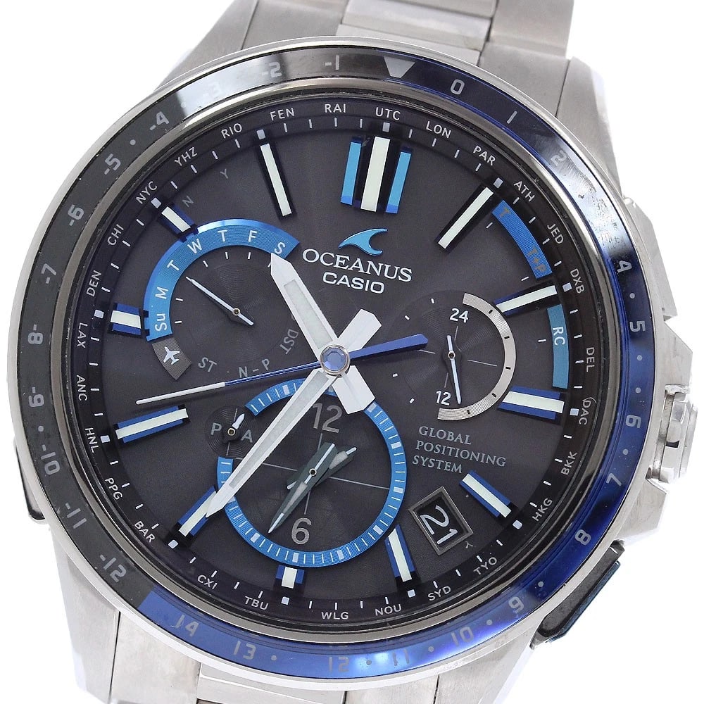 CASIO OCEANUS BLACK DIAL SOLAR POWERED RADIO WATCH: CASIO Oceanus black Dial Solar Powered Radio Watch Brand: CASIO Type/Style: Wristwatch Material: Band Material titanium, Case Material titanium Color: Band Color Silver, Case Color Silver, Dial Color
