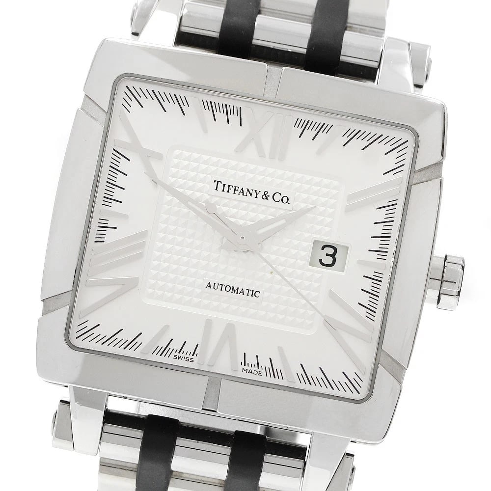 TIFFANY&CO. ATLAS GENT SQUARE AUTOMATIC WATCH: TIFFANY&Co. Atlas Gent Square Automatic Watch Brand: TIFFANY&Co. Type/Style: Wristwatch Material: Band Material Stainless Steel / Rubber, Case Material Stainless Steel / Rubber Color: Band Color Silve