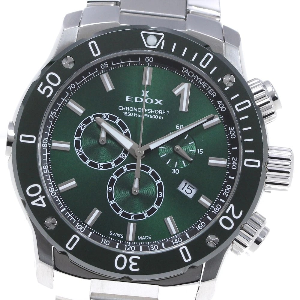 EDOX CHRONO CHRONOGRAPH GREEN DIAL WATCH: EDOX Chrono Chronograph Green Dial Watch Brand: EDOX Type/Style: Wristwatch Material: Band Material Stainless Steel, Case Material Stainless Steel Color: Band Color Silver, Case Color Silver, Dial