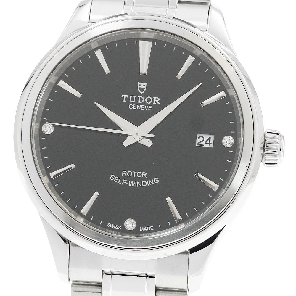TUDOR STYLE DIAMOND BLACK DIAL AUTOMATIC WATCH: TUDOR style diamond black Dial Automatic Watch Brand: TUDOR Type/Style: Wristwatch Material: Band Material Stainless Steel, Case Material Stainless Steel Color: Band Color Silver, Case Color Silver,