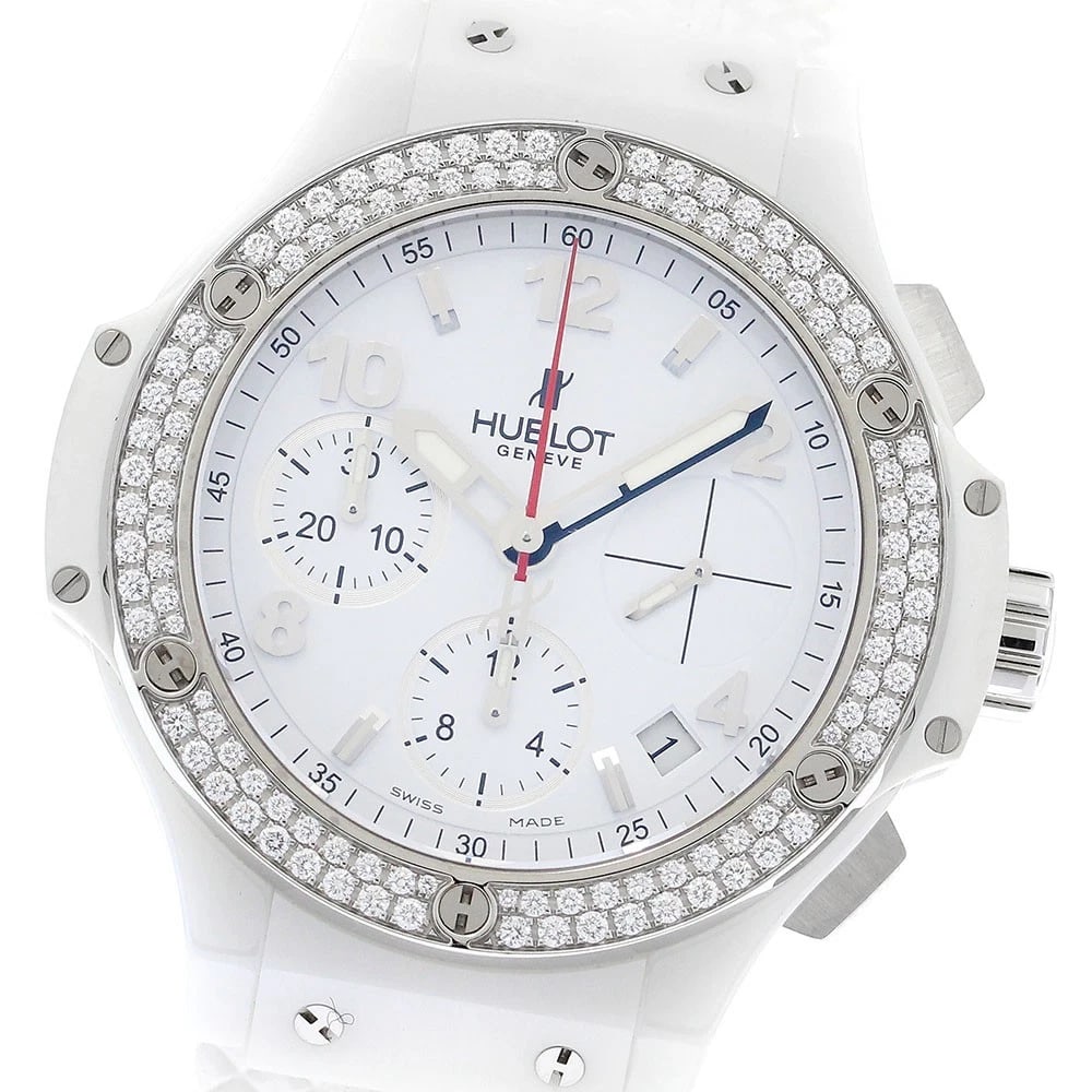 HUBLOT BIG BANG DIAMOND BEZEL AUTOMATIC WATCH: HUBLOT big Bang Diamond Bezel Automatic Watch Brand: HUBLOT Type/Style: Wristwatch Material: Band Material rubber, Case Material Stainless Steel / ceramic Color: Band Color white, Case Color white, Di