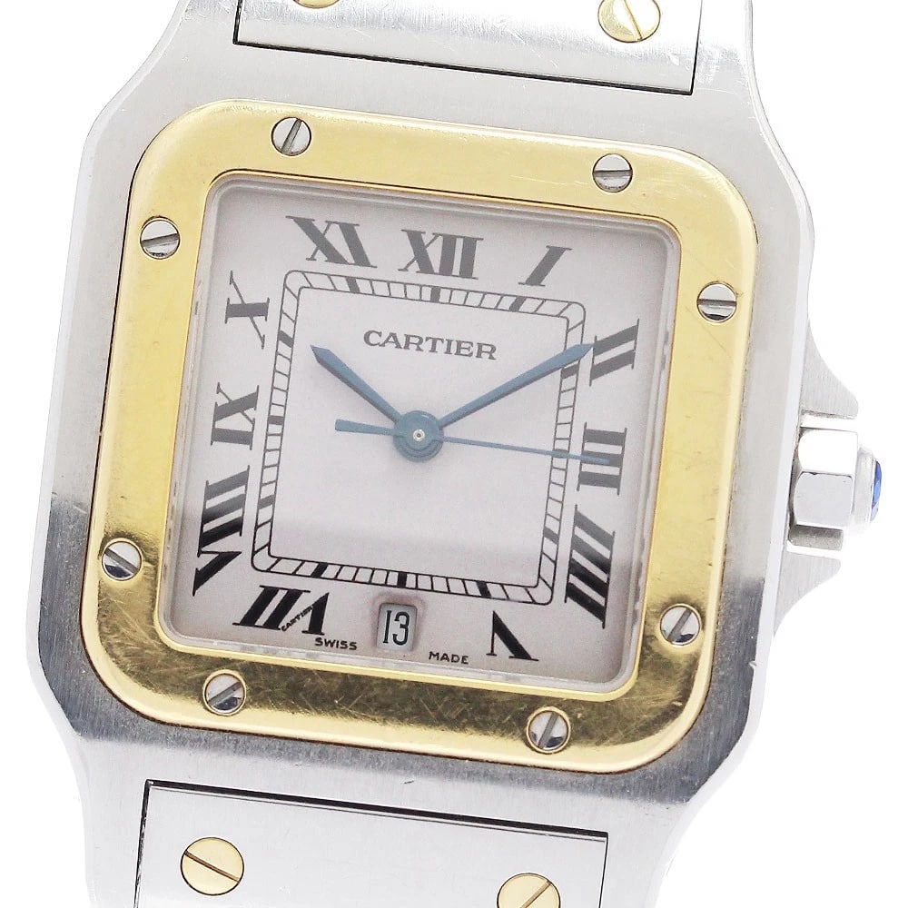 CARTIER SANTOS DATE YG BEZEL BEIGE DIAL QUARTZ WATCH: CARTIER Santos Date YG bezel beige Dial Quartz Watch Brand: CARTIER Type/Style: Wristwatch Material: Band Material Stainless Steel/YG, Case Material Stainless Steel/YG Color: Band Color Silver / Gold,