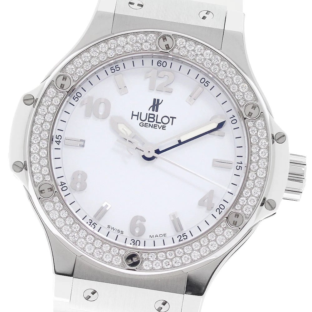 HUBLOT BIG BANG STEEL WHITE DIAMOND BEZEL WATCH: HUBLOT Big Bang Steel White Diamond Bezel Watch Brand: HUBLOT Type/Style: Wristwatch Material: Band Material rubber, Case Material Stainless Steel Color: Band Color white, Case Color Silver / White,