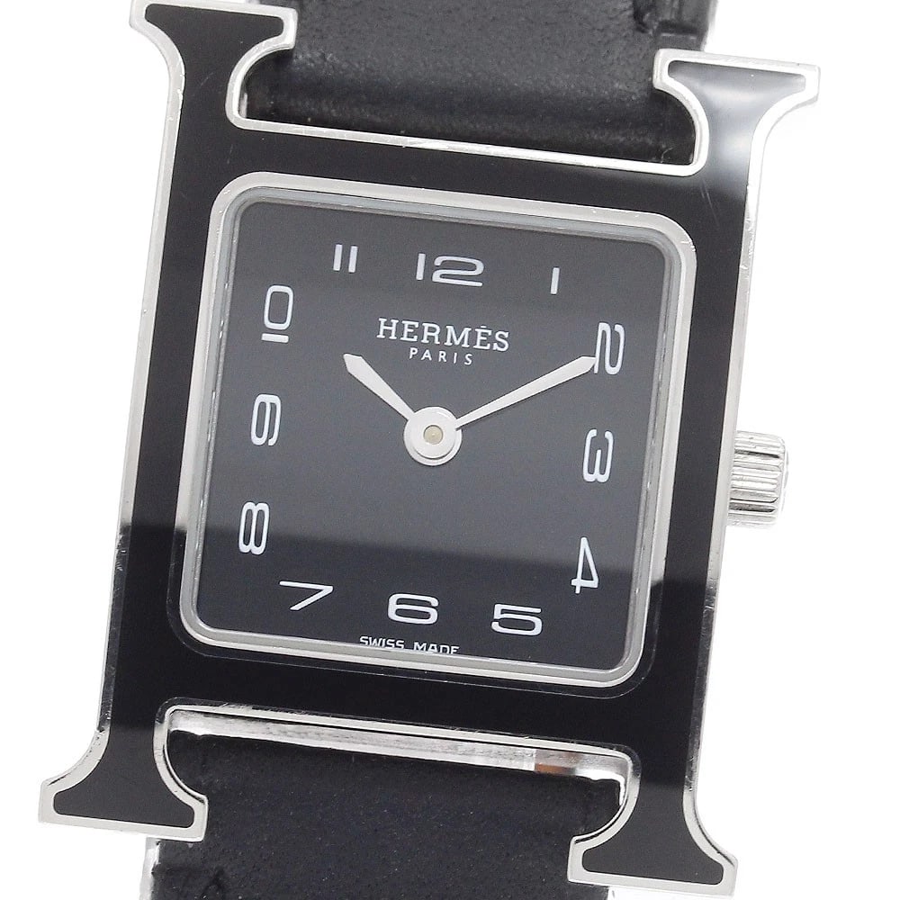 HERMES H WATCH BLACK DIAL QUARTZ WATCH: HERMES H watch black Dial Quartz Watch Brand: HERMES Type/Style: Wristwatch Material: Band Material leather, Case Material Stainless Steel Color: Band Color black, Case Color Silver / Black, Dial