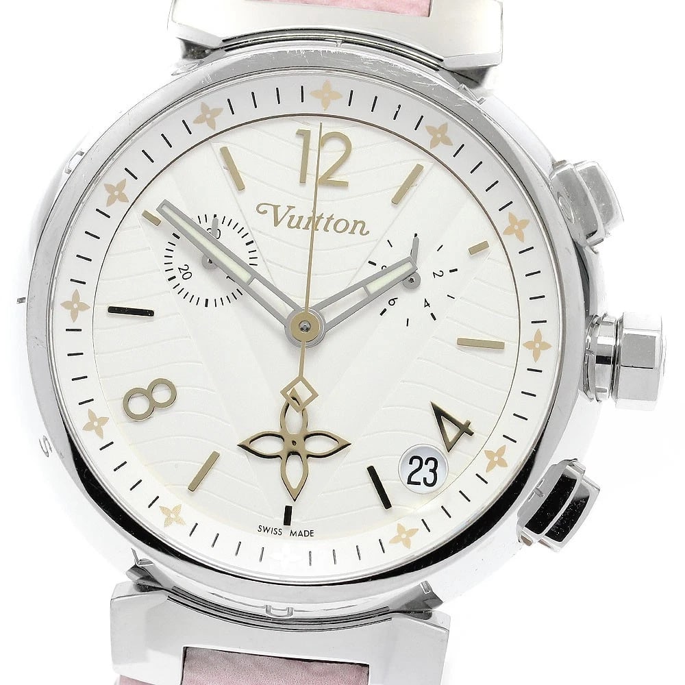 LOUIS VUITTON TAMBOUR CHRONOGRAPH WHITE DIAL QUARTZ WATCH: LOUIS VUITTON Tambour Chronograph white Dial Quartz Watch Brand: LOUIS VUITTON Type/Style: Wristwatch Material: Band Material leather, Case Material Stainless Steel Color: Band Color Pink / yellow,