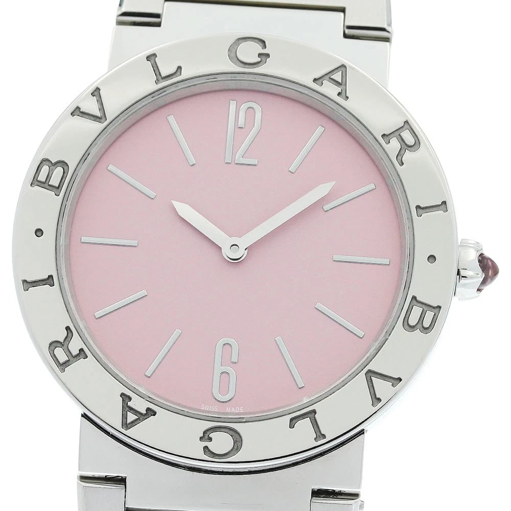 BVLGARI PINK DIAL QUARTZ WATCH: BVLGARI pink Dial Quartz Watch Brand: BVLGARI Type/Style: Wristwatch Material: Band Material Stainless Steel, Case Material Stainless Steel Color: Band Color Silver, Case Color Silver, Dial Color