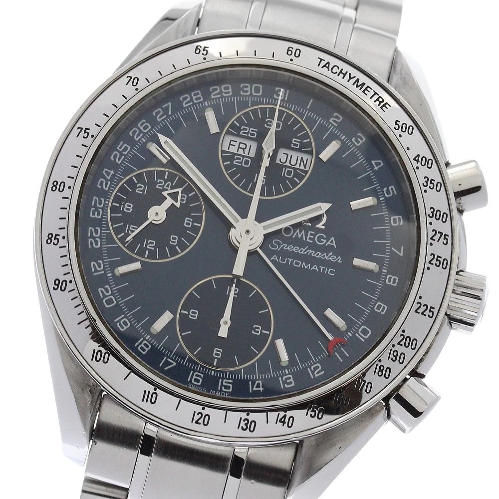OMEGA SPEEDMASTER TRIPLE CALENDAR CHRONOGRAPH NAVY DIAL WATCH: OMEGA Speedmaster Triple calendar chronograph Navy Dial Watch Brand: OMEGA Type/Style: Wristwatch Material: Band Material Stainless Steel, Case Material Stainless Steel Color: Band Color Silver, Case 