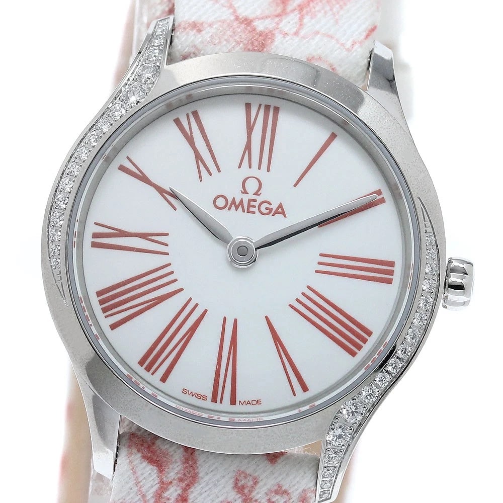 OMEGA DE VILLE MINI TRESOR SIDE DIAMOND QUARTZ WATCH: OMEGA De Ville Mini Tresor Side diamond Quartz Watch Brand: OMEGA Type/Style: Wristwatch Material: Band Material Cotton/Leather, Case Material Stainless Steel Color: Band Color White / pink, Case Colo