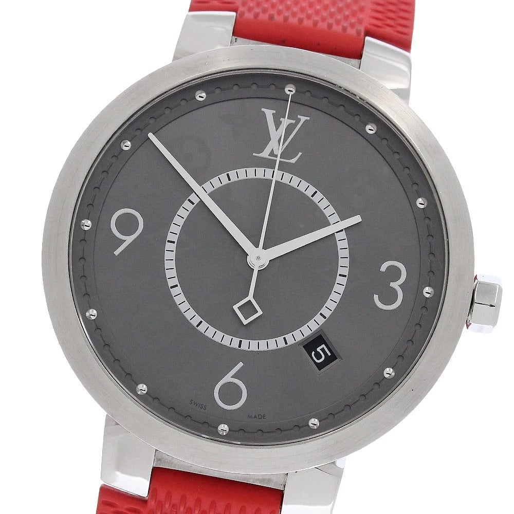 LOUIS VUITTON TAMBOUR SLIM ECLIPSE DATE GRAY DIAL QUARTZ WATCH: LOUIS VUITTON Tambour Slim Eclipse Date gray Dial Quartz Watch Brand: LOUIS VUITTON Type/Style: Wristwatch Material: Band Material rubber, Case Material Stainless Steel Color: Band Color Red, Case