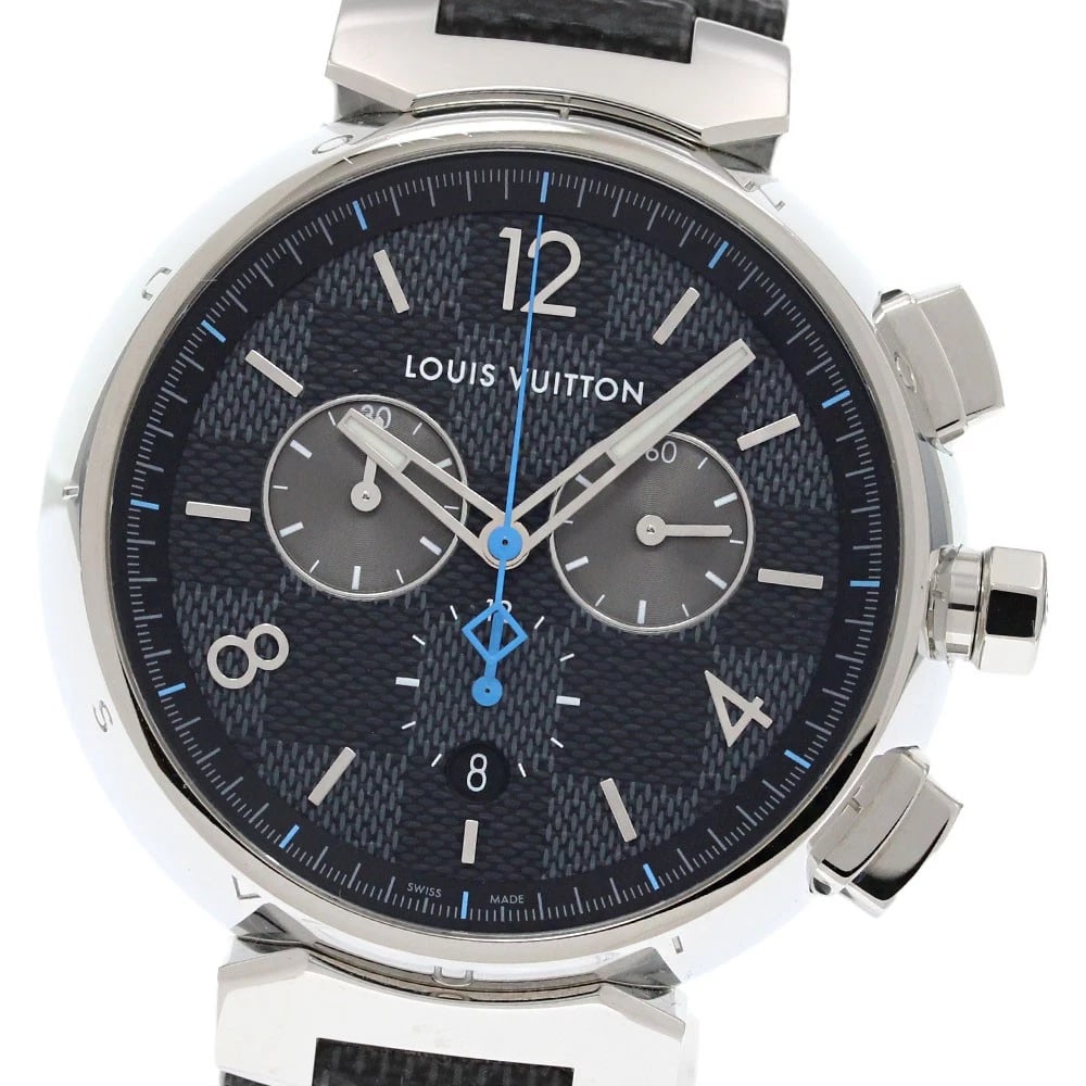LOUIS VUITTON TAMBOUR DEMIER GRAFFIT CHRONOGRAPH QUARTZ WATCH: LOUIS VUITTON Tambour Demier Graffit Chronograph Quartz Watch Brand: LOUIS VUITTON Type/Style: Wristwatch Material: Band Material leather, Case Material Stainless Steel Color: Band Color black, Case C