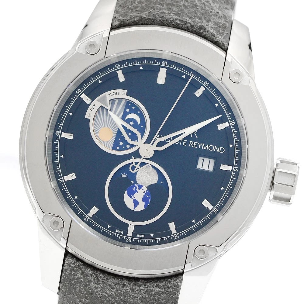 AUGUSTE REYMOND UNITY DAY AND NIGHT AUTOMATIC WATCH: Auguste Reymond Unity Day and Night Automatic Watch Brand: Auguste Reymond Type/Style: Wristwatch Material: Band Material leather, Case Material Stainless Steel Color: Band Color gray, Case Color Silv
