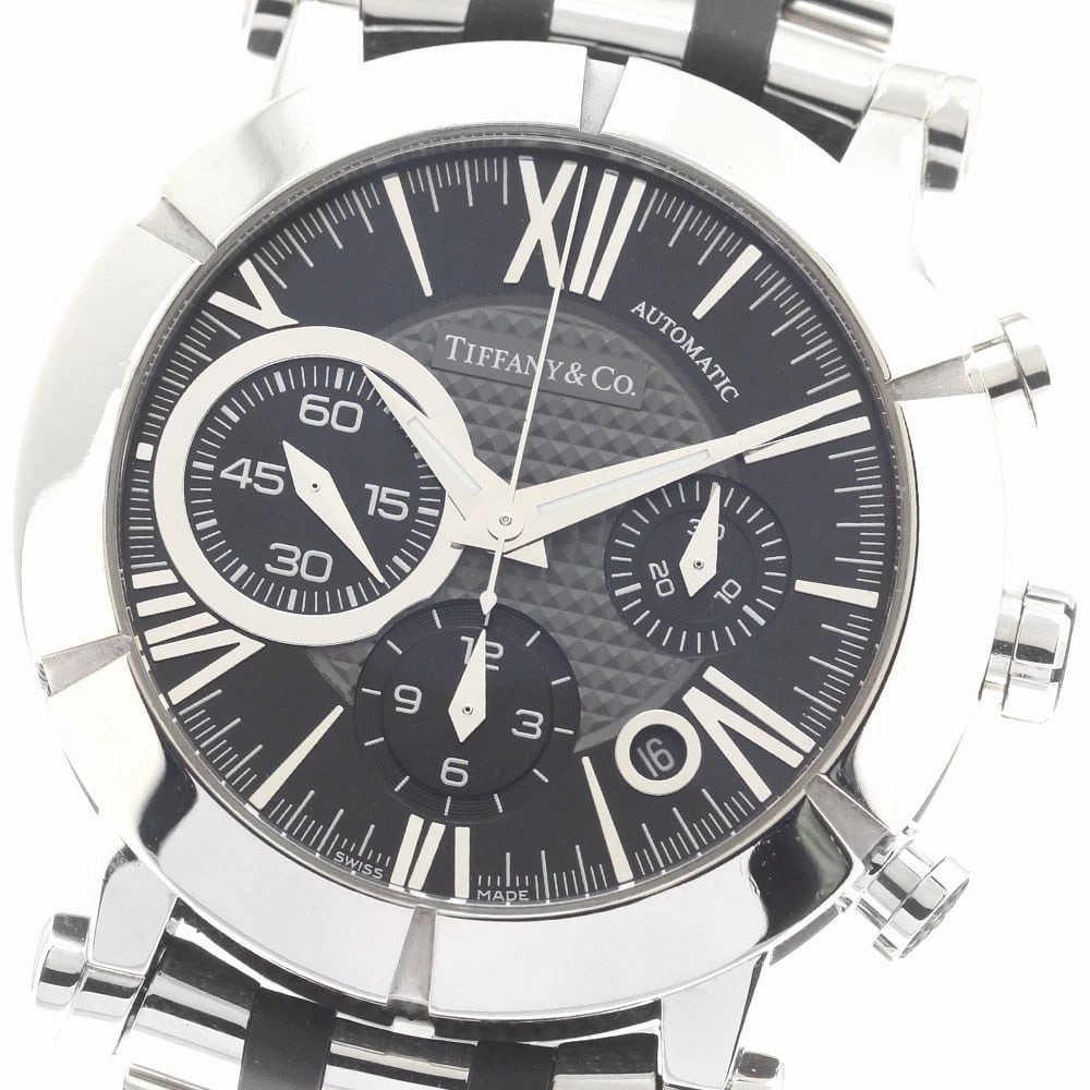 TIFFANY&CO. ATLAS CHRONOGRAPH AUTOMATIC WATCH: TIFFANY&Co. Atlas Chronograph Automatic Watch Brand: TIFFANY&Co. Type/Style: Wristwatch Material: Band Material Stainless Steel / Rubber, Case Material Stainless Steel / Rubber Color: Band Color Silve