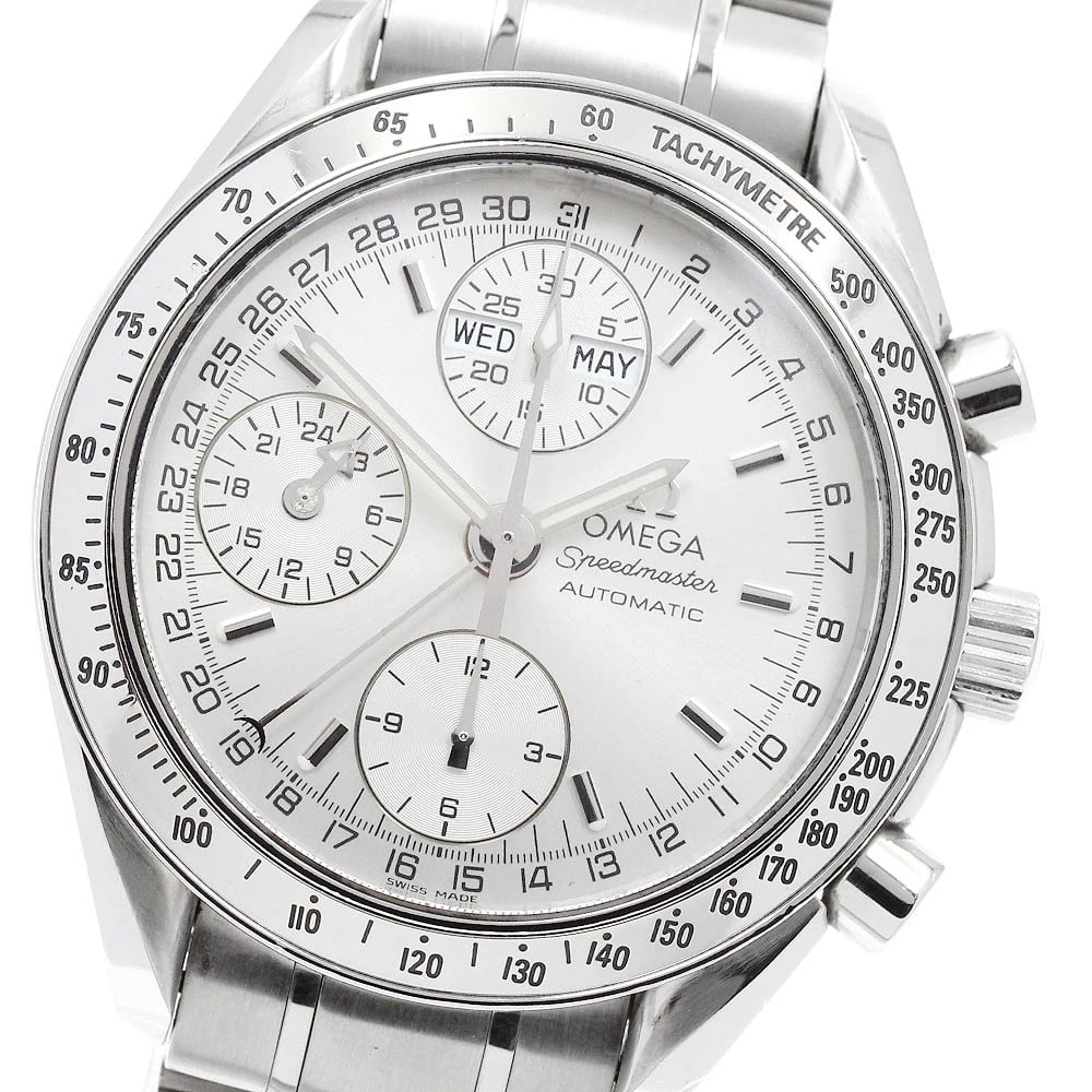 OMEGA SPEEDMASTER TRIPLE CALENDAR CHRONOGRAPH AUTOMATIC WATCH: OMEGA Speedmaster Triple calendar chronograph Automatic Watch Brand: OMEGA Type/Style: Wristwatch Material: Band Material Stainless Steel, Case Material Stainless Steel Color: Band Color Silver, Case 