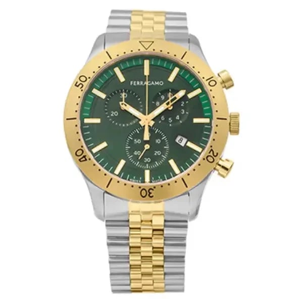 FERRAGAMO GENT CHRONO GREEN WATCH: Ferragamo Gent Chrono Green Watch Brand: Ferragamo Type/Style: Wristwatch Material: Case Material Case Stainless steel / Stainless steel (yellow gold PVD) Color: Dial Green Size: [Case size] 43 mm