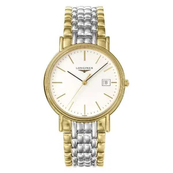 LONGINES PRESENSE WHITE WATCH: Longines Presense White Watch Brand: Longines Type/Style: Wristwatch Material: Case Material Stainless Steel Band Material: Stainless Steel Color: [Band Color] Yellow Gold x Silver Size: [Case Size]