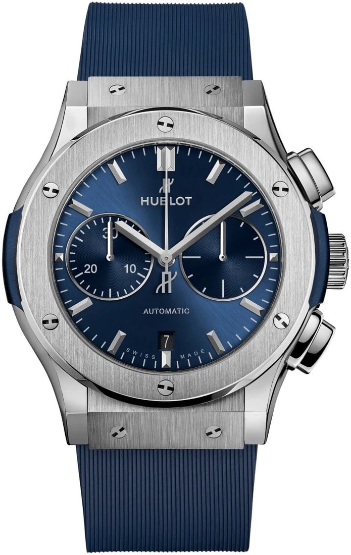 HUBLOT CLASSIC FUSION CHRONOGRAPH TITANIUM BLUE WATCH: HUBLOT Classic Fusion Chronograph Titanium Blue Watch Brand: Hublot Type/Style: Wristwatch Material: Case Material Titanium/Ti (band) Rubber/Rubber Color: Dial Color Blue Size: (case width) 45mm