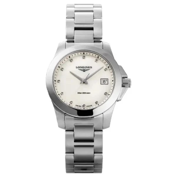 LONGINES CONQUEST WHITE PEARL WATCH: Longines Conquest White Pearl Watch Brand: Longines Type/Style: Wristwatch Material: Case Material Stainless Steel Band Material: Stainless Steel Color: [Band Color] Silver Size: [Case Size] 34mm x 34