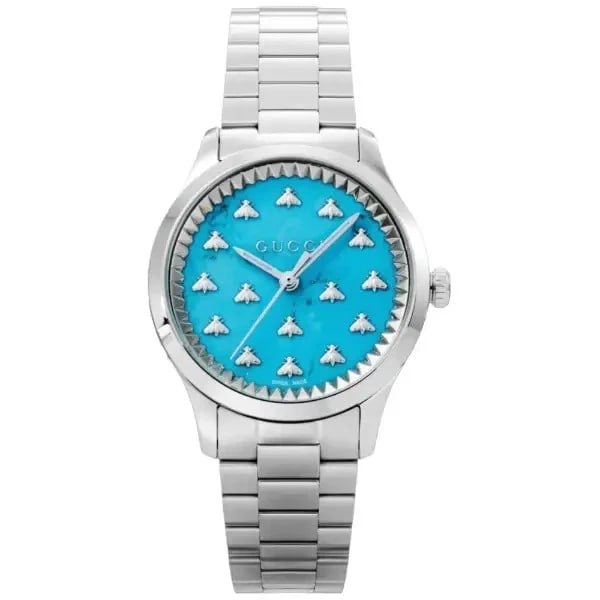 GUCCI G-TIMELESS BLUE WATCH: Gucci G-Timeless Blue Watch Brand: Gucci Type/Style: Wristwatch Material: Case Material Stainless steel Band material Stainless steel Color: [Band color] Silver Size: [Case size] 32 mm (H) x 32 mm (W)