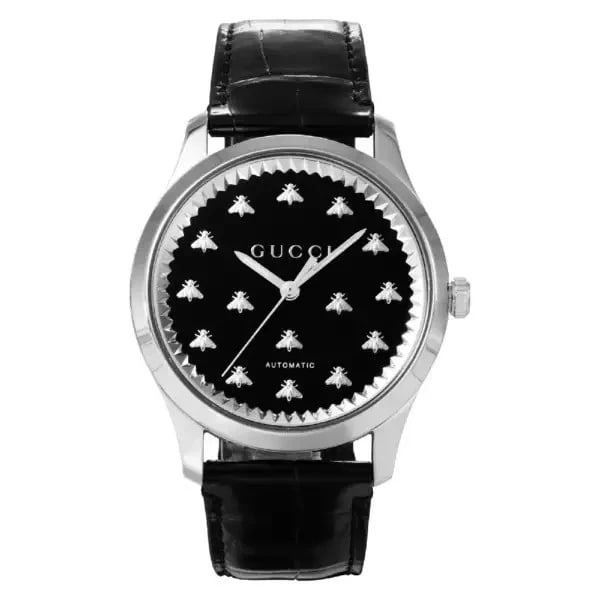 GUCCI G-TIMELESS BLACK WATCH: GUCCI G-Timeless Black Watch Brand: Gucci Type/Style: Wristwatch Material: Case Material Stainless steel Color: [Band color] Black Size: [Case size] 42 mm (H) x 42 mm (W) x 10 mm (D) Accessories: