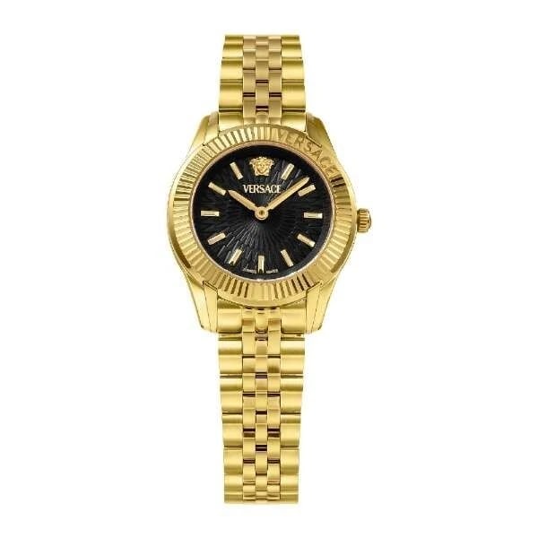 VERSACE GRECA BLACK WATCH: VERSACE GRECA Black Watch Brand: Versace Type/Style: Wristwatch Material: Case Material Stainless steel (yellow gold PVD) Band material Stainless steel (yellow gold PVD) Color: Case Color Black Size: