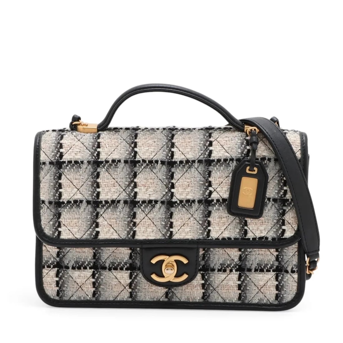 CHANEL MATELASSE HANDBAG: Chanel Matelasse Handbag Brand: Chanel Type/Style: Top Handle Bag Material: Tweed Color: Beige x black Size: Height:6.3inchLength:9.8inchDepth:3.1inch Accessories: None Accessories Notice: