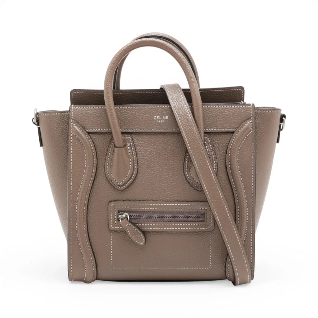CELINE LUGGAGE NANO SHOPPER: Celine Luggage Nano shopper Brand: Celine Type/Style: Top Handle Bag Material: Leather Color: Greige Size: Height:8.3inchLength:7.9inchDepth:3.7inch Accessories: None Accessories Notice: When