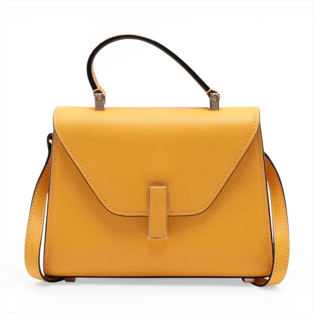 VALEXTRA ISIDE MINI HANDBAG: Valextra Iside Mini Handbag Brand: Valextra Type/Style: Top Handle Bag Material: Leather Color: Yellow Size: Height:5.7inchLength:7.7inchDepth:3.3inch Accessories: None Accessories Notice: When