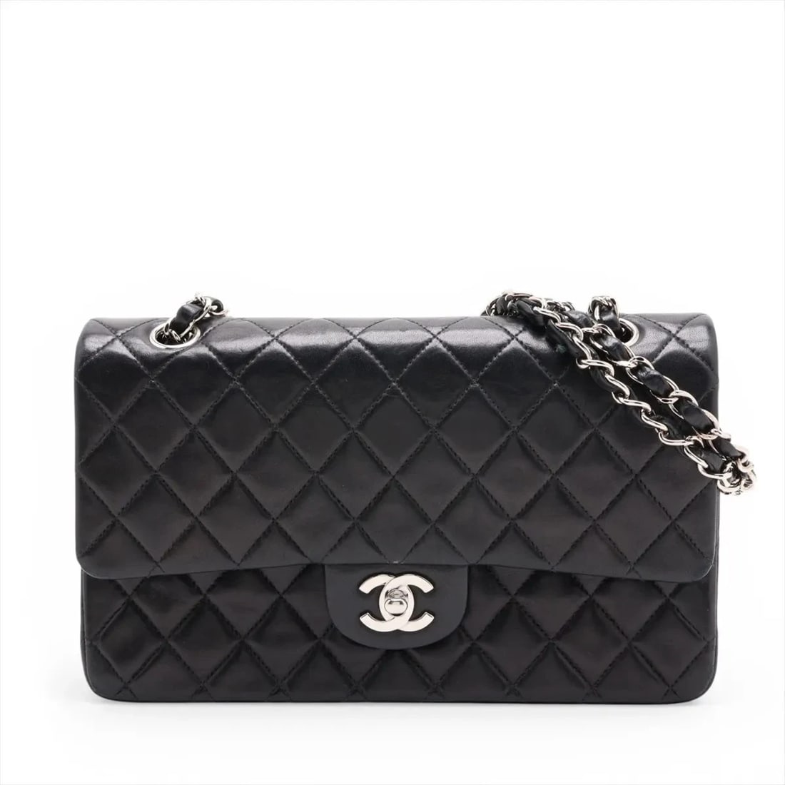 CHANEL MATELASSE 25 LAMBSKIN DOUBLE FLAP DOUBLE CHAIN BAG: Chanel Matelasse 25 Lambskin Double Flap Double Chain Bag Brand: Chanel Type/Style: Shoulder Bag Material: Lambskin Color: Black Size: Height:6.1inchLength:9.8inchDepth:2.4inch Accessories: None