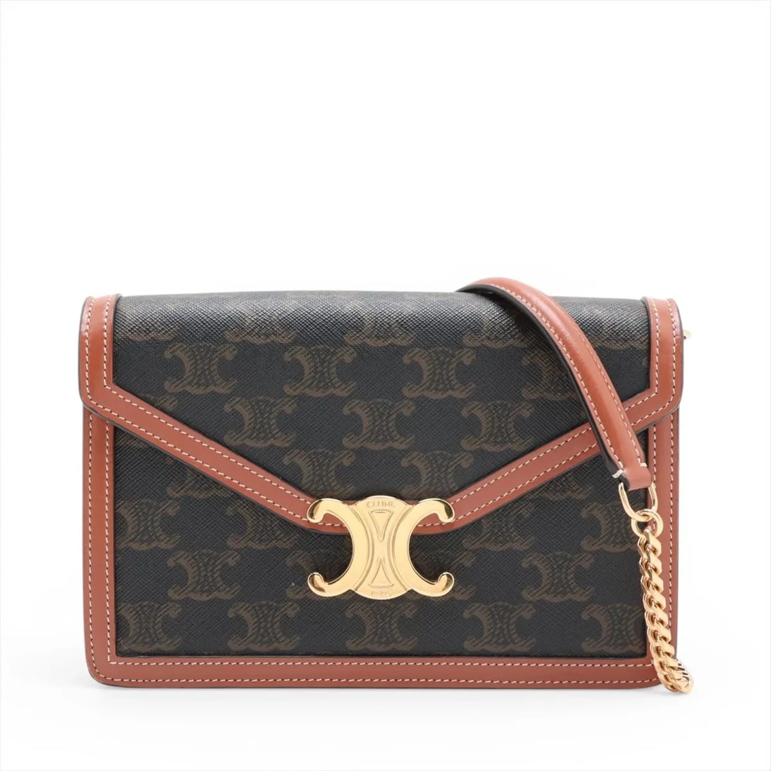 CELINE TRIOMPHE MARGO PVC & LEATHER CHAIN SHOULDER BAG: Celine Triomphe Margo PVC & leather Chain Shoulder Bag Brand: Celine Type/Style: Shoulder Bag Material: PVC & leather Color: Brown Size: Height:4.9inchLength:7.7inchDepth:1.4inch Accessories: None