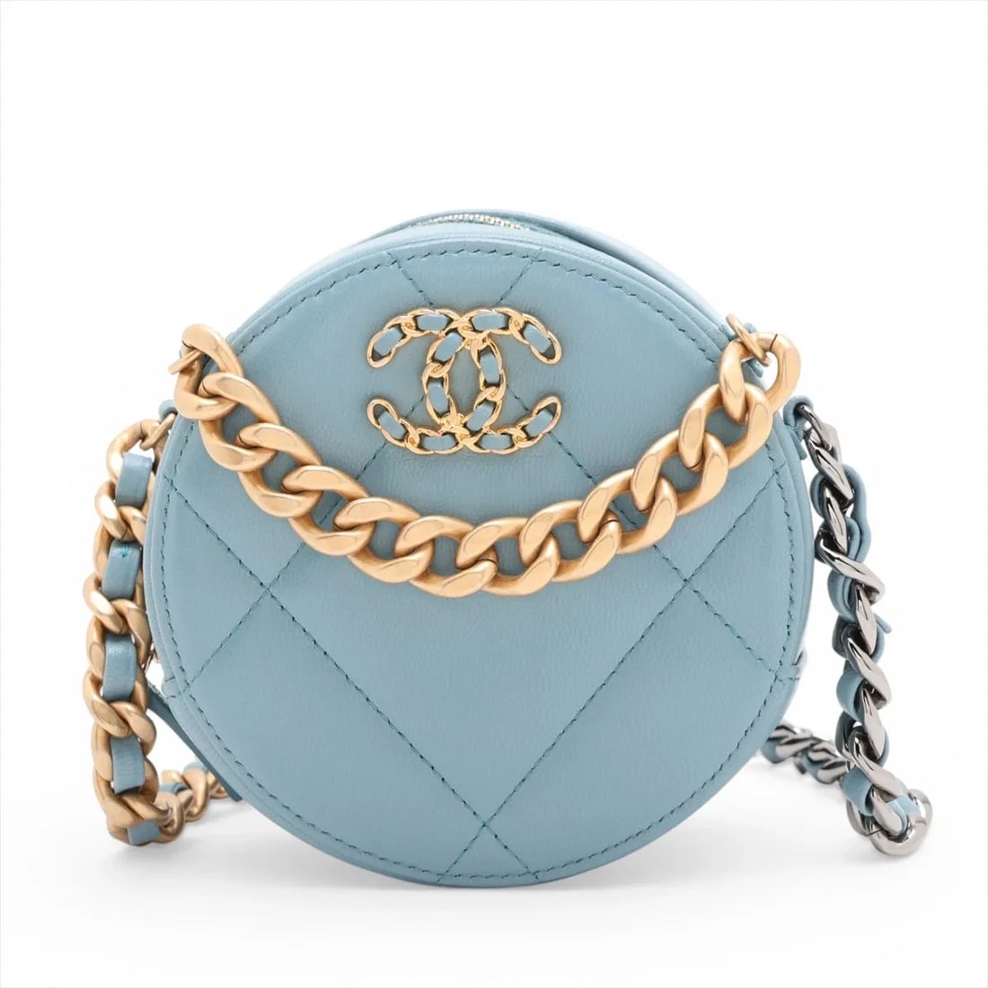 CHANEL 19 LAMBSKIN CHAIN SHOULDER BAG: Chanel 19 Lambskin Chain Shoulder Bag Brand: Chanel Type/Style: Shoulder Bag Material: Lambskin Color: Blue Size: Height:4.7inchLength:4.7inchDepth:2.2inch Accessories: None Accessories Notice: When