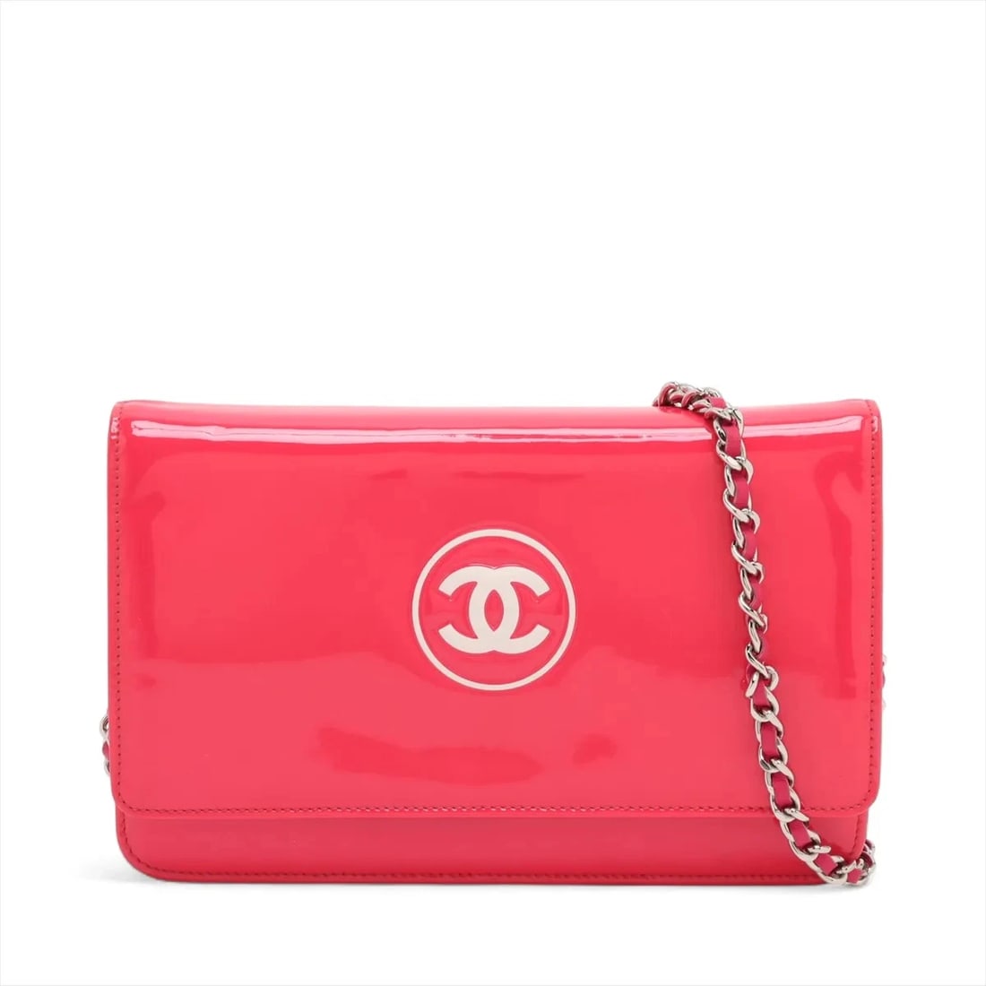 CHANEL COCO MARK PATENT LEATHER CHAIN WALLET: Chanel Coco Mark Patent Leather Chain Wallet Brand: Chanel Type/Style: Shoulder Bag Material: Patent Leather Color: Pink Size: Height:4.9inchLength:7.5inchDepth:1.0inch Accessories: None Accessories