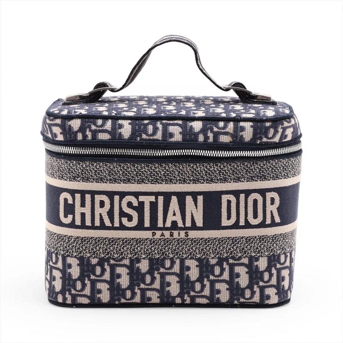 CHRISTIAN DIOR OBLIQUE CANVAS VANITY BAG: Christian Dior Oblique canvas Vanity bag Brand: Christian Dior Type/Style: Top Handle Bag Material: canvas Color: Navy Blue Size: Height:7.1inchLength:9.3inchDepth:4.9inch Accessories: None