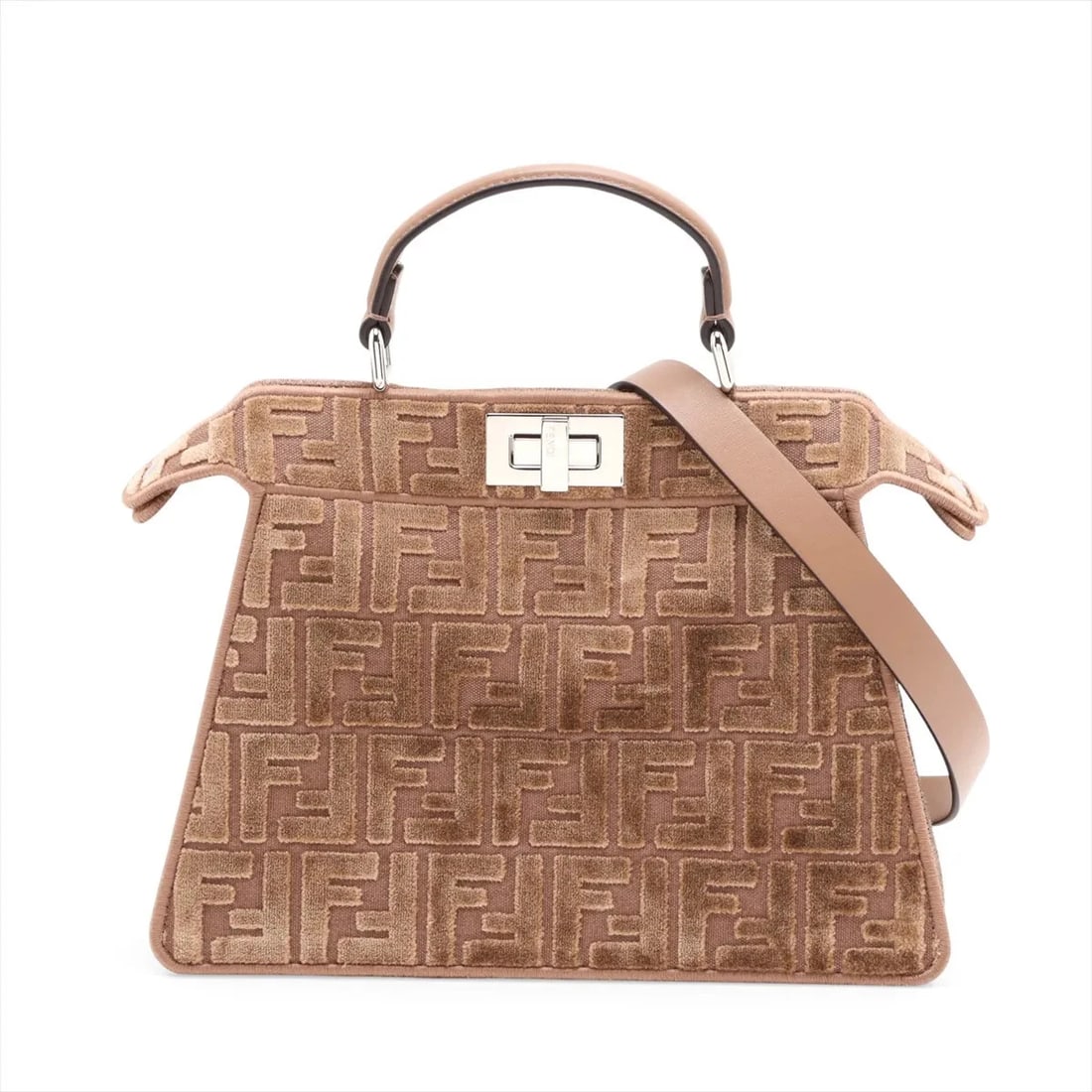 FENDI ZUCCA PEEK-A-BOO SMALL VELOUR 2 WAY HANDBAG: Fendi ZUCCa Peek-a-boo Small Velour 2 Way Handbag Brand: Fendi Type/Style: Top Handle Bag Material: Velour Color: Brown Size: Height:8.1inchLength:10.8inchDepth:4.3inch Accessories: None A