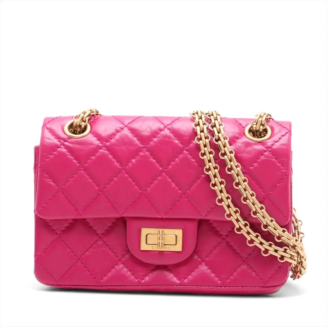 CHANEL MATELASSE MINI CALF SINGLE FLAP DOUBLE CHAIN BAG: Chanel Matelasse Mini calf Single Flap Double Chain Bag Brand: Chanel Type/Style: Shoulder Bag Material: calf Color: Pink Size: Height:5.3inchLength:7.7inchDepth:2.8inch Accessories: None Accessories