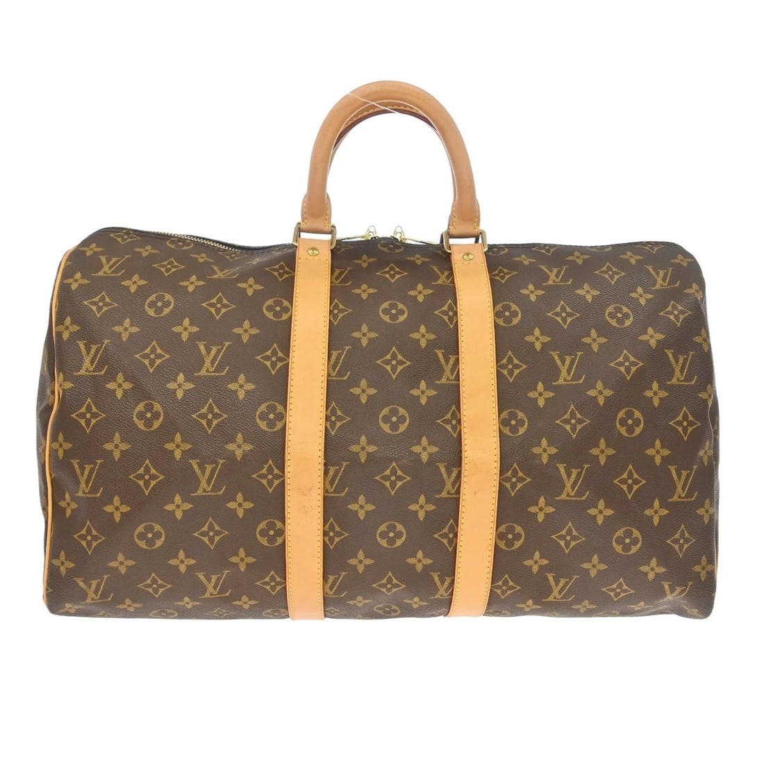 LOUIS VUITTON KEEPALL 45 DUFFLE HANDBAG: LOUIS VUITTON KEEPALL 45 DUFFLE HANDBAG Brand: Louis Vuitton Type/Style: Duffle Material: Monogram Canvas, Leather Color: Brown Size: W 17.7 x H 10.6 x D 7.9inch Accessories: None Accessories Notice: