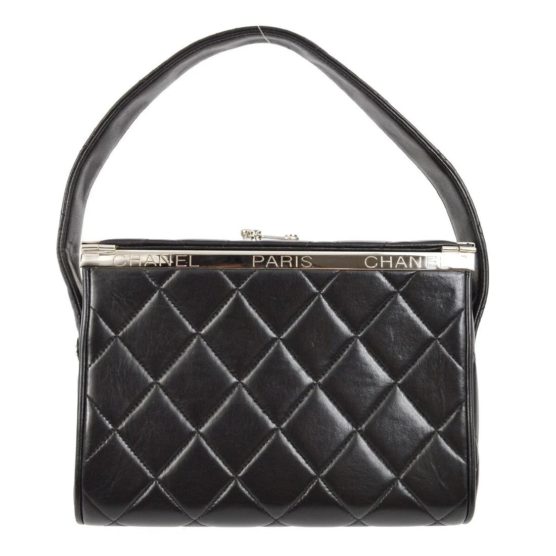 CHANEL BLACK LAMBSKIN HANDBAG: Chanel Black Lambskin Handbag Brand: CHANEL Type/Style: Shoulder Bag Material: Lambskin Leather Color: Black Size: W 7.5 x H 5.5 x D 3.9inch Accessories: None Accessories Notice: When purc
